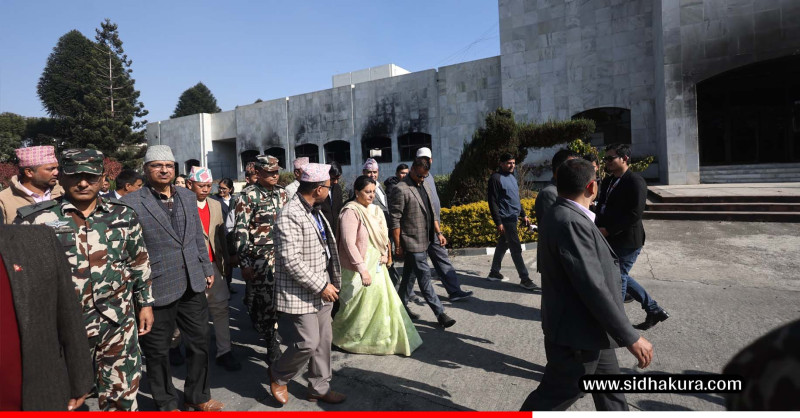 पूर्वराष्ट्रपति भण्डारीद्वारा आगजनी र तोडफोडबाट क्षतिग्रस्त सङ्घीय संसद् भवनको अवलोकन