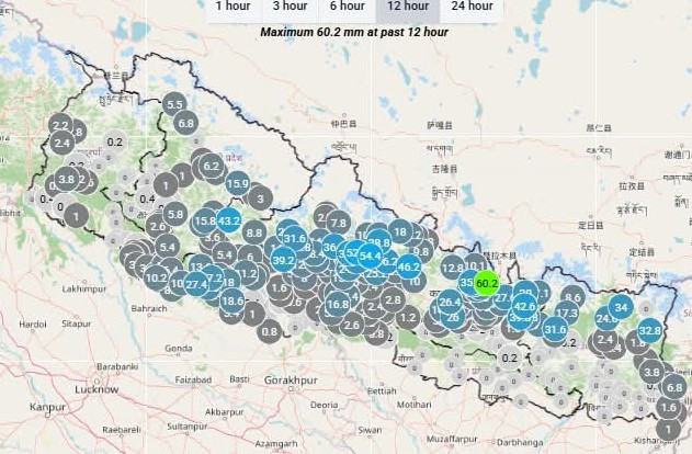 पछिल्लो १२ घण्टामा सिन्धुपाल्चोकमा धेरै वर्षा