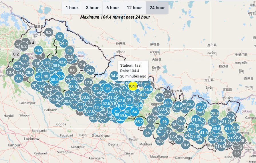 मनाङमा पर्‍यो २४ घण्टामा  १०४.४ मिलिमिटर पानी