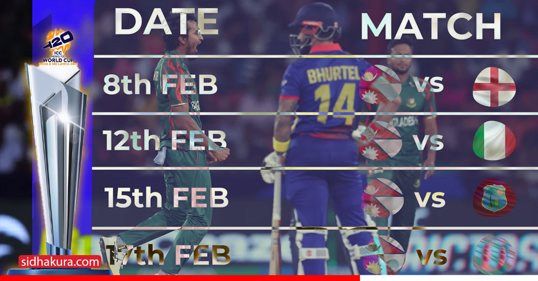 टी–२० विश्वकप २०२६ को ‘ड्र’ सार्वजनिक, नेपालले इङ्ग्ल्यान्डसहित वेस्ट इन्डिज, बंगलादेश र इटलीसँग भिड्ने