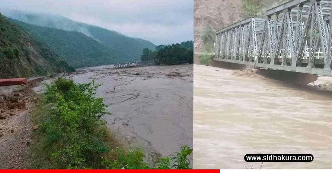 सुनकोशीको बाढीले खुर्कोटको पक्की पुल बगायो